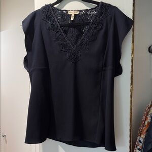 Rebecca Taylor Elegant Navy Lace Trim Top